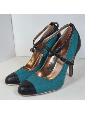 Gomax Ashland Teal And Black Cross Strap 2 Tone Heels